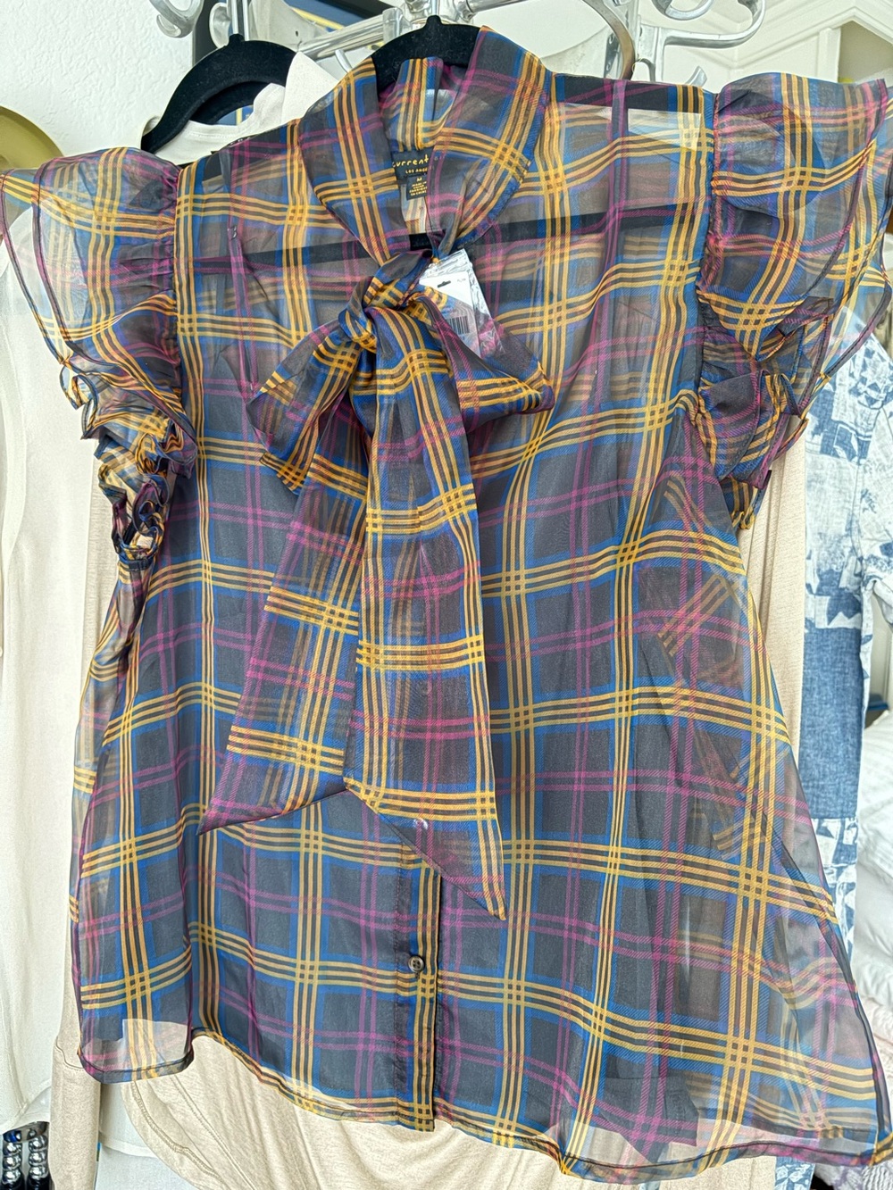 Anthropologie Sheer Plaid Tie-Neck Blouse - Blue/Gold/Pink - with camisole. NWT